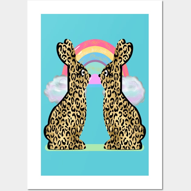 Easter Rabbit Couple in Leopard Pattern Rainbow Wall Art by MINIMALARTSTORY